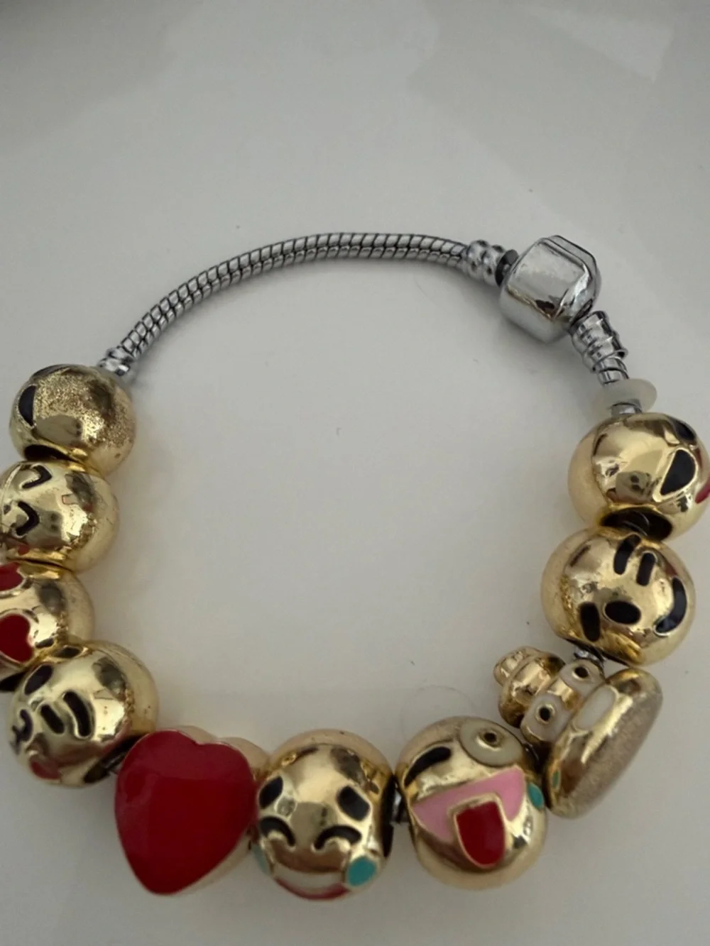 Gold Emoji Bead Charm Bracelet with Red Heart